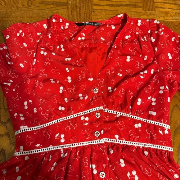 eShakti Red Cherry Print Peplum Top Sz S Bow Sleeve Retro Pinup Baby Doll Top - Picture 6 of 14